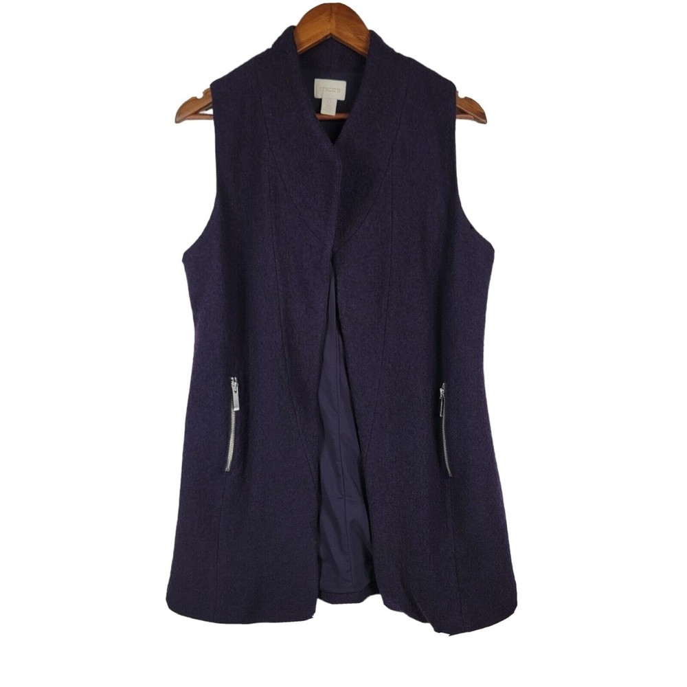Chico’s Sz 0 Women’s Purple 100% Wool Open Front Vest Zip Pockets